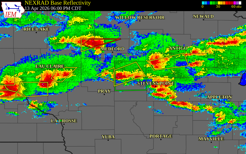 NEXRAD radar during the Monday, April 13, 2026 storm activity in Marathon County, Wisconsin