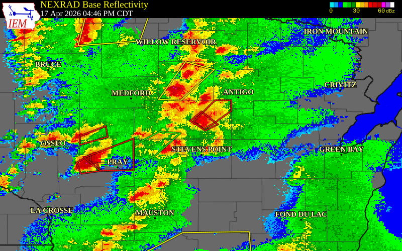 NEXRAD radar during the Friday, April 17, 2026 storm activity in Marathon County, Wisconsin