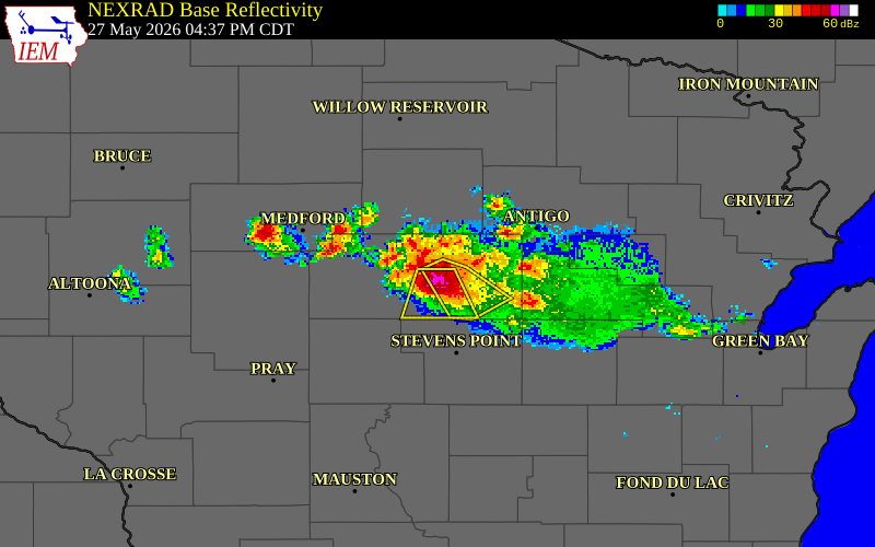 NEXRAD radar during the Wednesday, May 27, 2026 storm activity in Marathon County, Wisconsin
