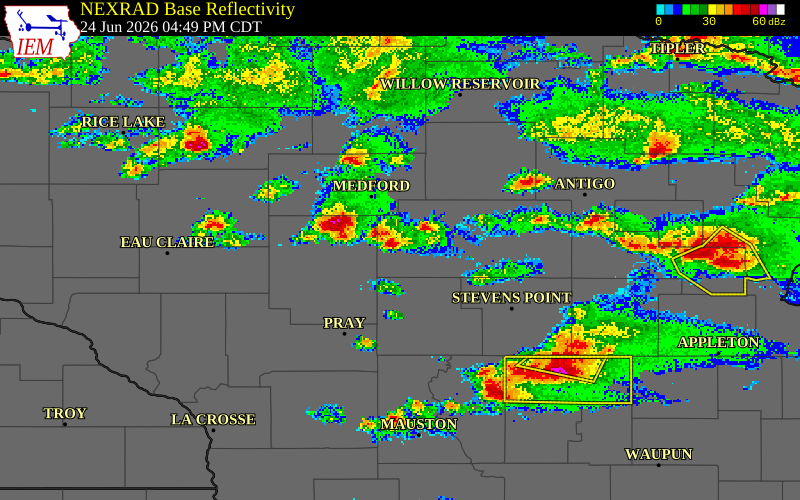 NEXRAD radar during the Wednesday, June 24, 2026 storm activity in Marathon County, Wisconsin