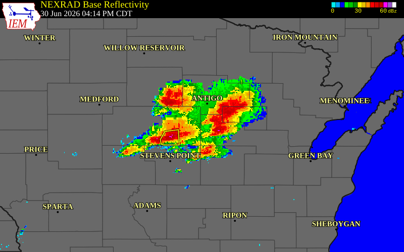 NEXRAD radar during the Tuesday, June 30, 2026 storm activity in Marathon County, Wisconsin