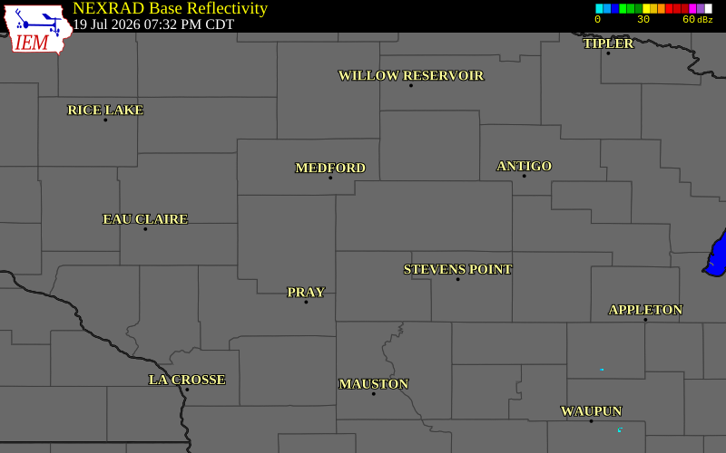 NEXRAD radar during the Sunday, July 19, 2026 storm activity in Marathon County, Wisconsin