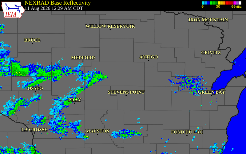 NEXRAD radar during the Tuesday, August 11, 2026 storm activity in Marathon County, Wisconsin