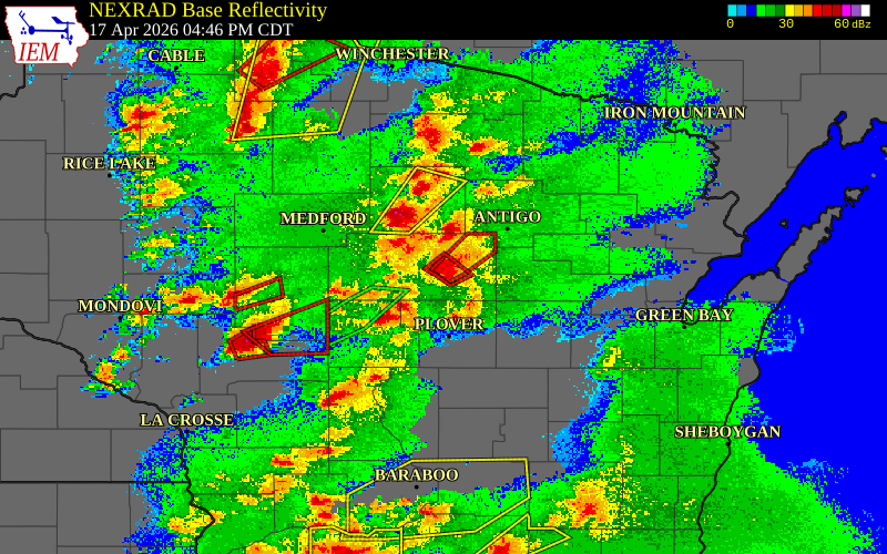 Radar snapshot during the Apr 17, 2026 tornado event near 3 WSW Ringle, Marathon County, Wisconsin, with NWS warning polygons
