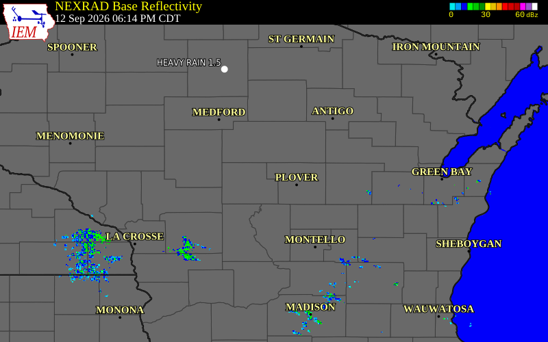 Current NEXRAD radar over Marathon County, Wisconsin with recent storm report locations