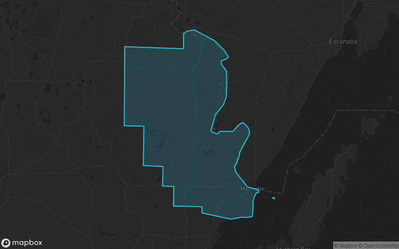 Map of Marinette County, Wisconsin showing the county boundary and surrounding cities