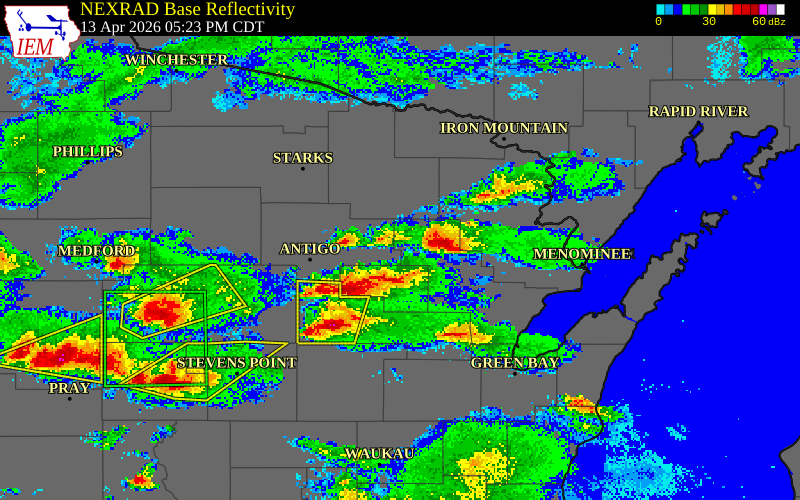 NEXRAD radar during the Monday, April 13, 2026 storm activity in Marinette County, Wisconsin