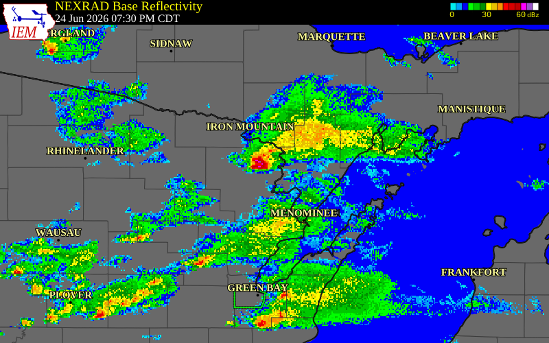 NEXRAD radar during the Wednesday, June 24, 2026 storm activity in Marinette County, Wisconsin