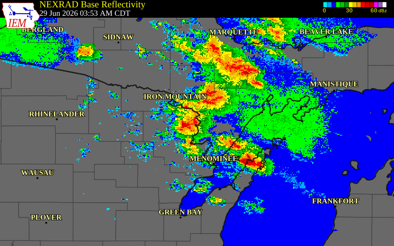 NEXRAD radar during the Monday, June 29, 2026 storm activity in Marinette County, Wisconsin