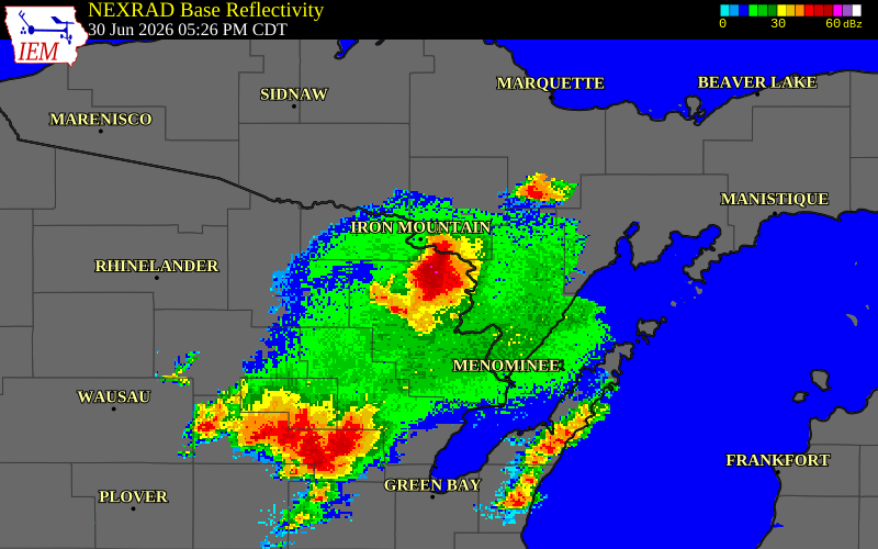 NEXRAD radar during the Tuesday, June 30, 2026 storm activity in Marinette County, Wisconsin