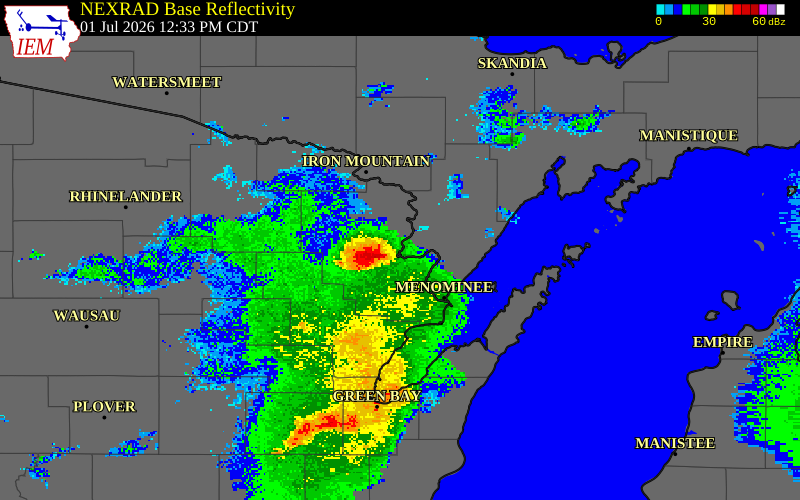 NEXRAD radar during the Wednesday, July 1, 2026 storm activity in Marinette County, Wisconsin