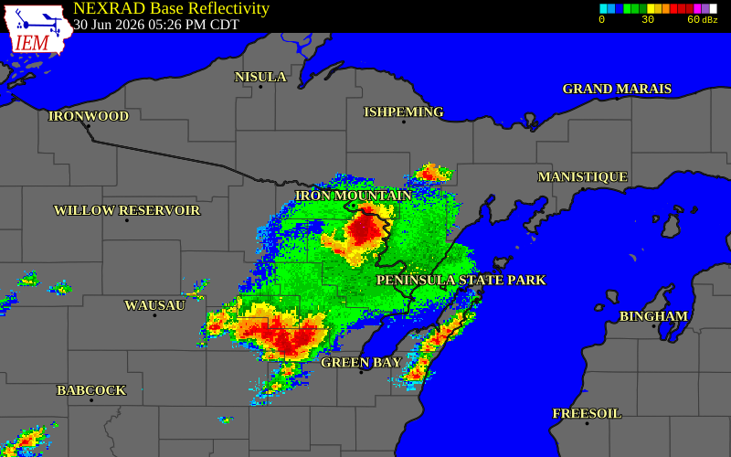Radar snapshot during the Jun 30, 2026 hail event near 2 NE Pembine, Marinette County, Wisconsin, with NWS warning polygons