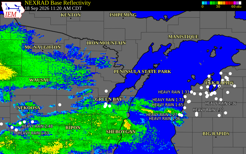 Current NEXRAD radar over Marinette County, Wisconsin with recent storm report locations