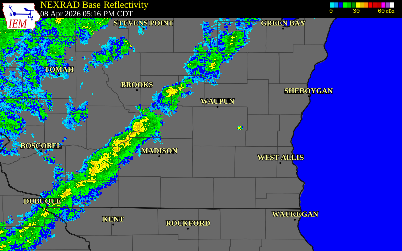 NEXRAD radar during the Wednesday, April 8, 2026 storm activity in Marquette County, Wisconsin