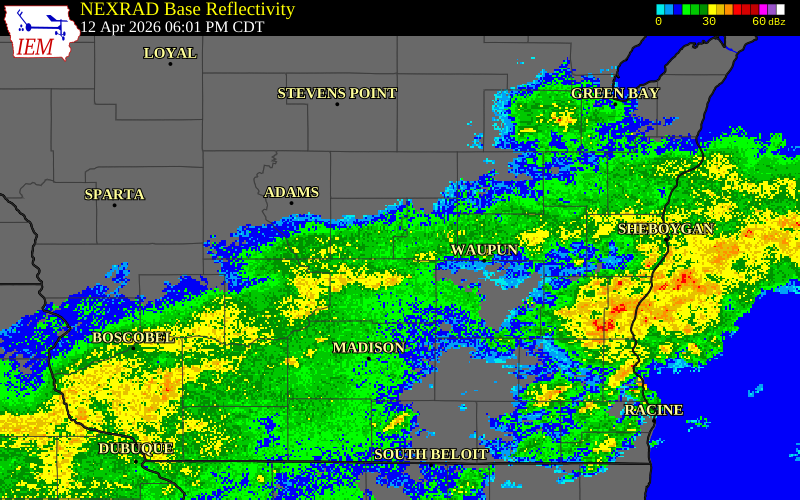 NEXRAD radar during the Sunday, April 12, 2026 storm activity in Marquette County, Wisconsin