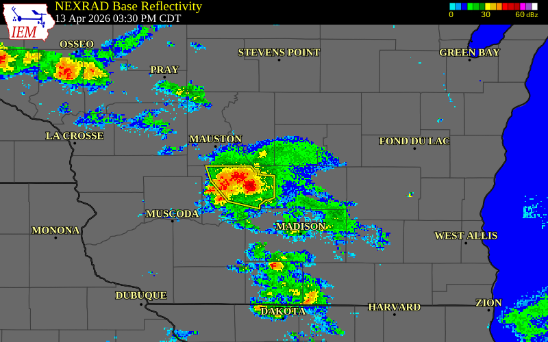 NEXRAD radar during the Monday, April 13, 2026 storm activity in Marquette County, Wisconsin