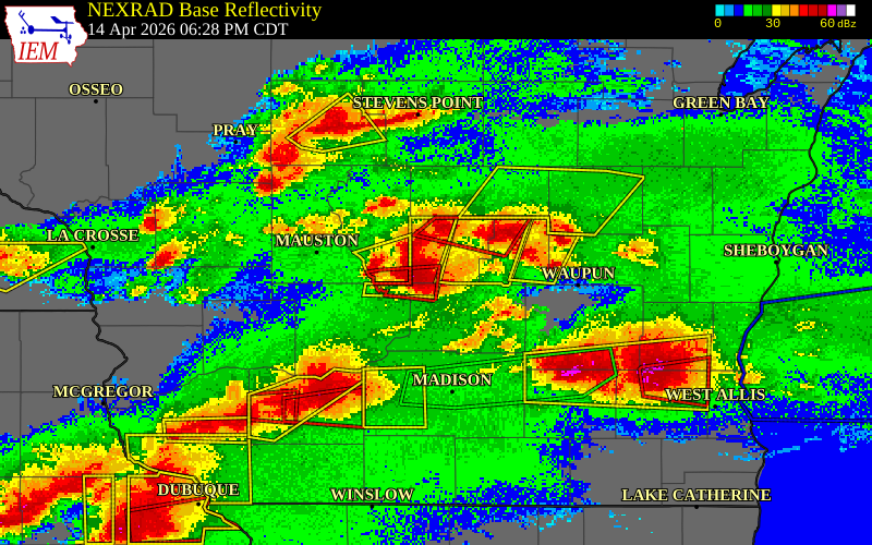 NEXRAD radar during the Tuesday, April 14, 2026 storm activity in Marquette County, Wisconsin