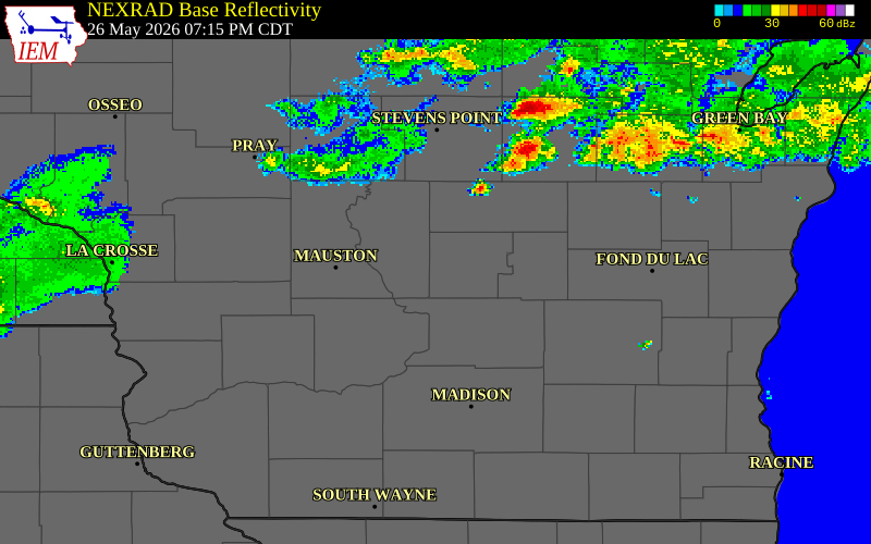NEXRAD radar during the Tuesday, May 26, 2026 storm activity in Marquette County, Wisconsin