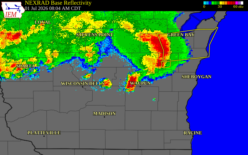 NEXRAD radar during the Wednesday, July 1, 2026 storm activity in Marquette County, Wisconsin