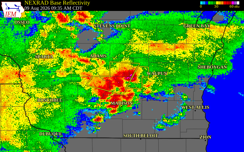 NEXRAD radar during the Sunday, August 9, 2026 storm activity in Marquette County, Wisconsin
