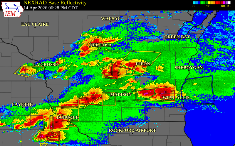 Radar snapshot during the Apr 14, 2026 tornado event near 1 S Endeavor, Marquette County, Wisconsin, with NWS warning polygons