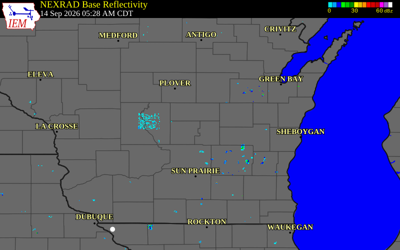 Current NEXRAD radar over Marquette County, Wisconsin with recent storm report locations