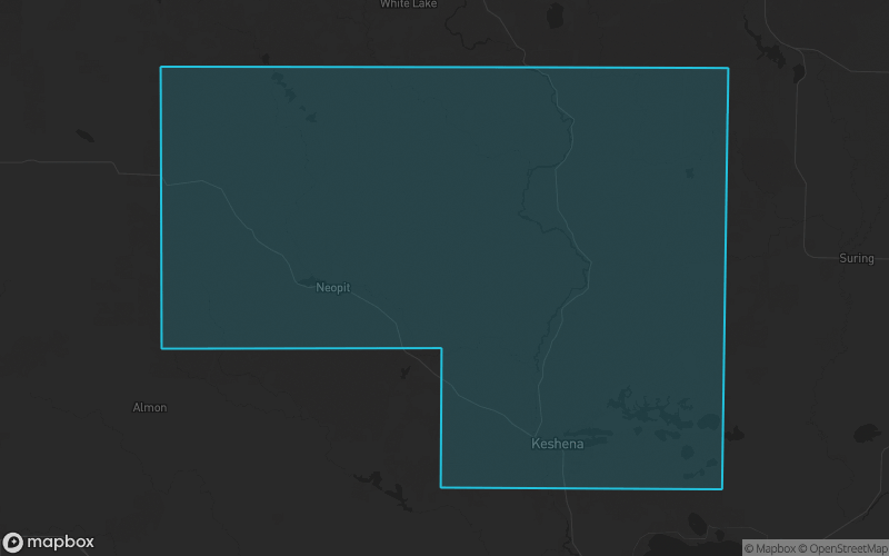 Map of Menominee County, Wisconsin showing the county boundary and surrounding cities