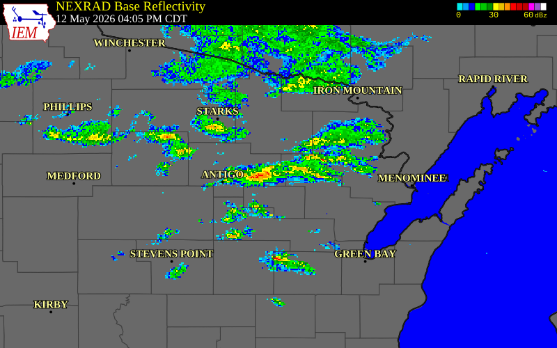 NEXRAD radar during the Tuesday, May 12, 2026 storm activity in Menominee County, Wisconsin