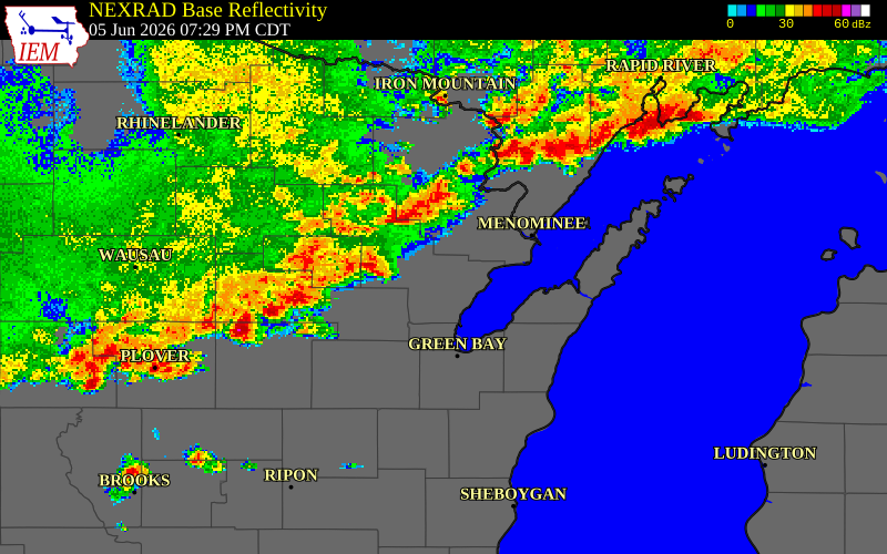 NEXRAD radar during the Friday, June 5, 2026 storm activity in Menominee County, Wisconsin
