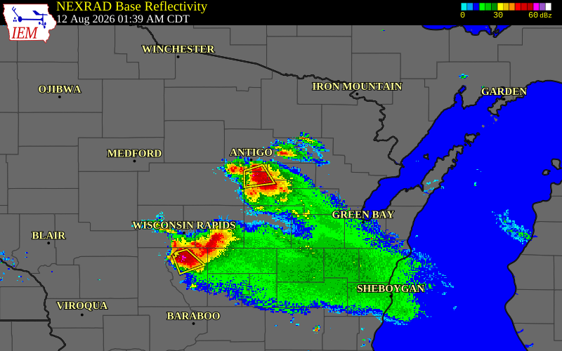 Radar snapshot during the Aug 12, 2026 hail event near Menominee County, Menominee County, Wisconsin, with NWS warning polygons