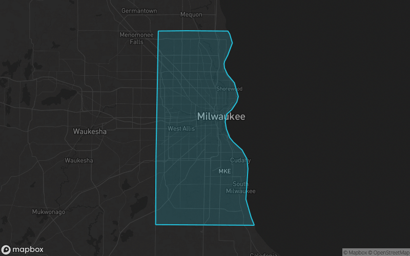 Map of Milwaukee County, Wisconsin showing the county boundary and surrounding cities