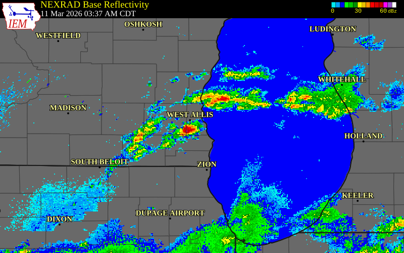 NEXRAD radar during the Wednesday, March 11, 2026 storm activity in Milwaukee County, Wisconsin