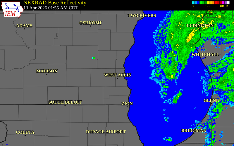 NEXRAD radar during the Monday, April 13, 2026 storm activity in Milwaukee County, Wisconsin