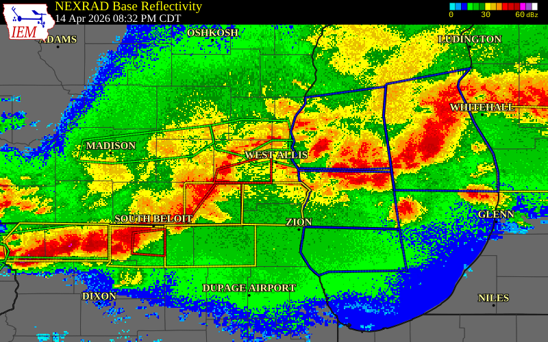NEXRAD radar during the Tuesday, April 14, 2026 storm activity in Milwaukee County, Wisconsin