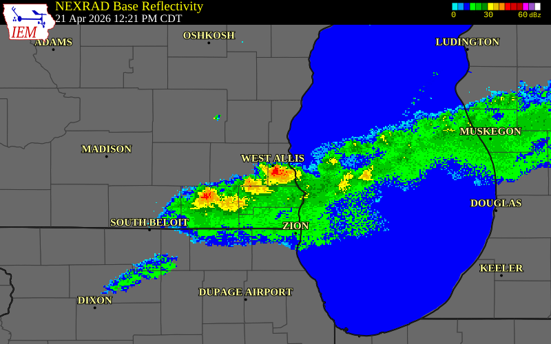NEXRAD radar during the Tuesday, April 21, 2026 storm activity in Milwaukee County, Wisconsin
