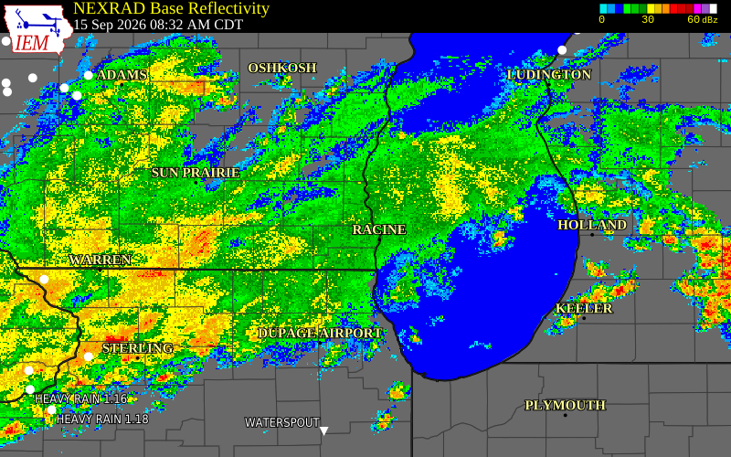 Current NEXRAD radar over Milwaukee County, Wisconsin with recent storm report locations