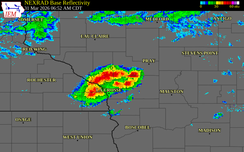 NEXRAD radar during the Tuesday, March 31, 2026 storm activity in Monroe County, Wisconsin