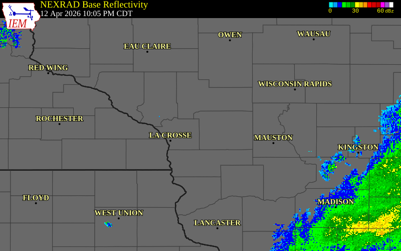 NEXRAD radar during the Sunday, April 12, 2026 storm activity in Monroe County, Wisconsin