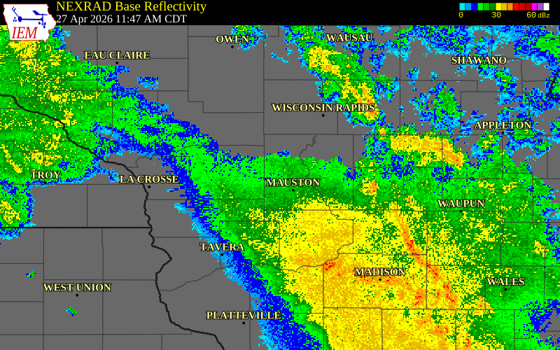 NEXRAD radar during the Monday, April 27, 2026 storm activity in Monroe County, Wisconsin