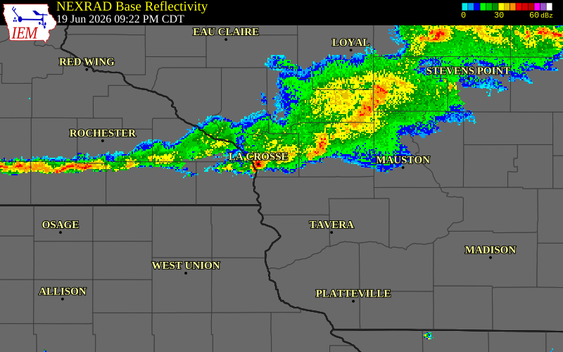 NEXRAD radar during the Friday, June 19, 2026 storm activity in Monroe County, Wisconsin