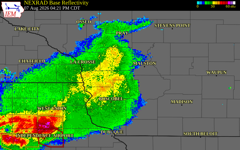 NEXRAD radar during the Friday, August 7, 2026 storm activity in Monroe County, Wisconsin