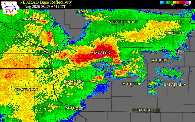 NEXRAD radar during the Sunday, August 9, 2026 storm activity in Monroe County, Wisconsin