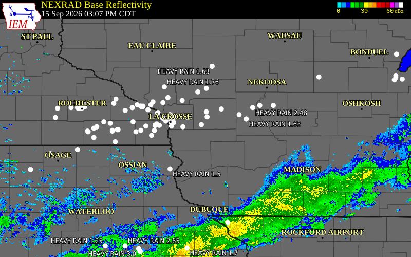 Current NEXRAD radar over Monroe County, Wisconsin with recent storm report locations