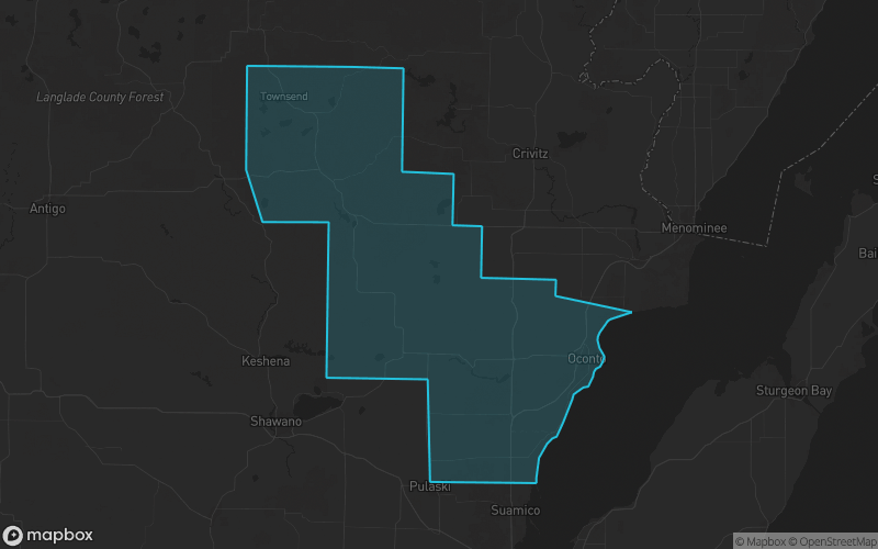 Map of Oconto County, Wisconsin showing the county boundary and surrounding cities