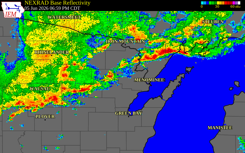 NEXRAD radar during the Friday, June 5, 2026 storm activity in Oconto County, Wisconsin