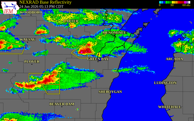 NEXRAD radar during the Wednesday, June 24, 2026 storm activity in Oconto County, Wisconsin