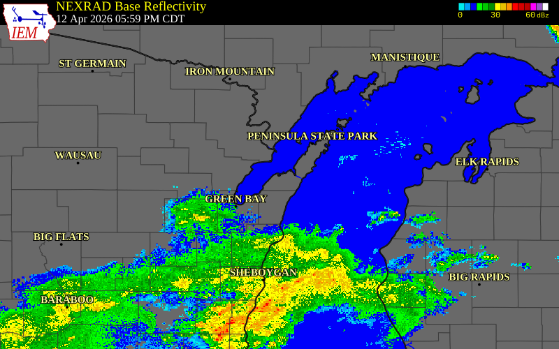 Radar snapshot during the Apr 12, 2026 wind event near Oconto County, Oconto County, Wisconsin, with NWS warning polygons