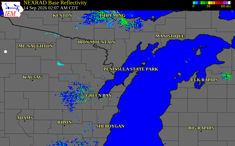 Current NEXRAD radar over Oconto County, Wisconsin with recent storm report locations