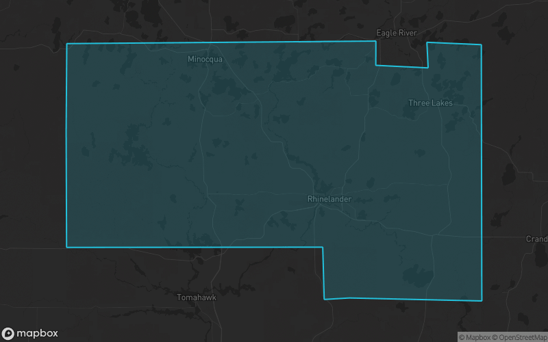 Map of Oneida County, Wisconsin showing the county boundary and surrounding cities