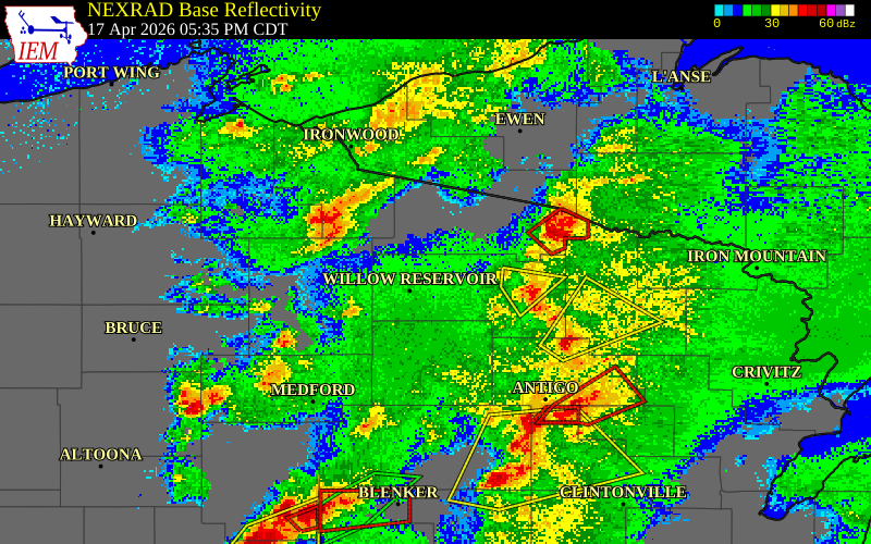 NEXRAD radar during the Friday, April 17, 2026 storm activity in Oneida County, Wisconsin